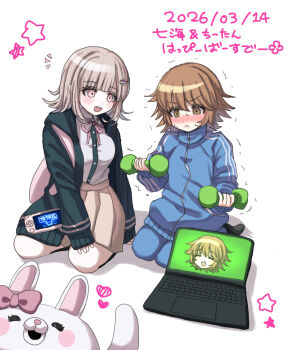 1boy 1girl :d absurdres alter_ego_(danganronpa) blue_jacket blue_pants blush bow brown_hair commentary_request computer danganronpa_(series) danganronpa_2:_goodbye_despair dated dumbbell ear_bow flipped_hair fujisaki_chihiro hair_ornament handheld_game_console heart highres holding holding_dumbbell jacket laptop medium_hair miniskirt nanami_chiaki open_mouth pants pink_eyes pleated_skirt rufuru_0520 skirt smile teeth tetris training translated trembling upper_teeth_only usami_(danganronpa) white_background
