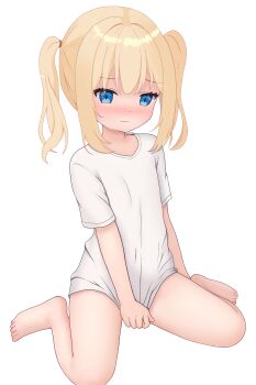1girl absurdres barefoot blonde_hair blue_eyes blush covering_crotch covering_privates feet highres loli looking_at_viewer original shirt sitting t-shirt toes totorin7124 twintails wariza white_background white_shirt