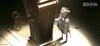 Rule 34 | 1girl, black beacon, black shoes, coat, colored eyelashes, copyright name, copyright notice, dark-skinned female, dark skin, from above, full body, hat, highres, jacket, legs apart, logo, long hair, looking at object, mortarboard, ninsar (black beacon), official art, official wallpaper, pleated skirt, shadow, shoes, side ponytail, skirt, solo, spotlight, standing, very long hair, white coat, white hair, white jacket, winding key, yellow skirt