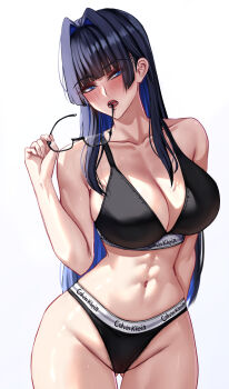 1girl abs absurdres bare_shoulders black_bra black_hair black_panties black_sports_bra blue_eyes blue_hair blush bra breasts calvin_klein cleavage clothes_writing collarbone female_pubic_hair glasses gluteal_fold hair_intakes highleg highleg_panties highres holding holding_removed_eyewear hololive hololive_english karma3009 large_breasts long_hair multicolored_hair narrow_waist naughty_face navel open_mouth ouro_kronii panties pubic_hair pubic_hair_peek simple_background solo sports_bra sports_panties thigh_gap toned toned_female underwear underwear_writing unworn_eyewear virtual_youtuber white_background wide_hips