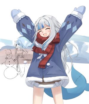 2girls :d \o/ absurdres arms_up blue_coat blue_mittens blue_streaks blunt_bangs closed_eyes coat commentary english_commentary fins fish_tail gawr_gura harveythenerdy highres hololive hololive_english long_hair long_sleeves mittens mori_calliope multicolored_hair multiple_girls open_mouth outstretched_arms red_scarf scarf shark_girl shark_tail sharp_teeth smile snowman solo_focus streaked_hair tail teeth unfinished virtual_youtuber white_hair winter