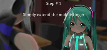 2girls 3d animated animated_gif aqua_eyes english_text expressionless hatsune_miku hatsune_miku_(appearance_miku) lowres middle_finger multiple_girls twintails vocaloid yowane_haku