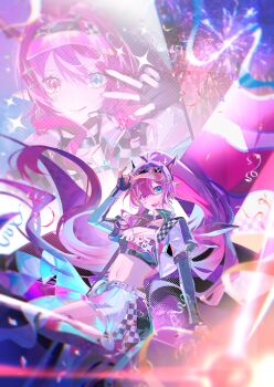 1girl absurdres blue_eyes breasts cleavage cropped_jacket detached_wings heterochromia high_ponytail highres hololive hololive_english irys_(hololive) irys_(race_queenrys)_(hololive) jacket large_breasts long_hair multicolored_hair pointy_ears ponytail purple_eyes purple_hair race_queen red_hair shei00 skirt solo_focus strapless streaked_hair tube_top two-tone_hair virtual_youtuber visor_cap w white_jacket wings