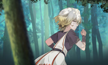 1girl 845360 absurdres aged_down ancient_greek_clothes black_shirt blonde_hair blurry blurry_foreground breasts chinese_commentary closed_eyes commentary_request dress forest from_side galbrena_(wuthering_waves) greco-roman_clothes highres nature open_mouth outdoors profile running shirt small_breasts solo upper_body white_dress wrist_guards wuthering_waves