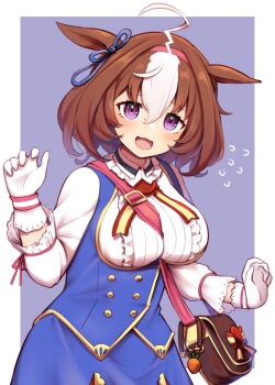 1girl :d @_@ absurdres animal_ears between_breasts bow breasts brown_hair commentary_request cowboy_shot ear_ribbon flying_sweatdrops gloves hair_between_eyes hairband highres horse_ears horse_girl kinakonato long_sleeves looking_at_viewer medium_hair meisho_doto_(turbulent_blue)_(umamusume) meisho_doto_(umamusume) multicolored_hair open_mouth pink_hairband purple_background purple_eyes simple_background smile solo strap_between_breasts two-tone_hair umamusume white_gloves white_hair