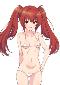 1girl agatsuma_sora arm_behind_back bikini breasts cinderella_series garukichi hachigatsu_no_cinderella_nine hand_on_own_hip highres long_hair looking_at_viewer micro_bikini navel open_mouth red_eyes red_hair small_breasts solo swimsuit twintails white_background white_bikini