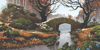 3boys absurdres autumn autumn_leaves bare_tree bridge cattail cloud cloudy_sky cobblestone commentary english_commentary flower forest from_side grass highres landscape leaf lorenzo_lanfranconi moss multiple_boys nature original painterly plant river rock running scenery sky snow tree water white_flower