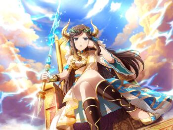 1girl asymmetrical_sleeves bracer brown_hair cosplay crossed_legs earrings fake_horns floating_hair game_cg gold_shoes gold_trim greek_mythology holding horns jewelry laurel_crown long_hair looking_at_viewer official_art on_throne parted_bangs parted_lips purple_eyes shoes shoujo_kageki_revue_starlight shoujo_kageki_revue_starlight_-re_live- sidelocks sitting sitting_on_throne solo tendou_maya uneven_sleeves zeus_(mythology) zeus_(mythology)_(cosplay)