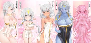 5girls absurdres animal_ears arm_behind_back arm_between_legs armband blue_skin blue_skin braid breasts cat_ears cat_girl cat_tail collage collar colored_skin crossed_arms dark-skinned_female dark_skin dwarf earrings elf fangs fangs_out female_orc grey_eyes highres jewelry large_breasts long_ears long_hair monster_girl multiple_girls my_harem_grew_so_large_i_was_forced_to_ascend orc pink_slime pointy_ears short_hair shortstack slime_girl tail twin_braids