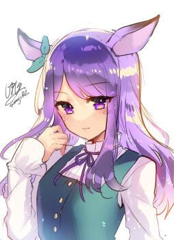 Rule 34 | 1girl, animal ears, aqua bow, aqua dress, blush, bow, casual, closed mouth, commentary request, dress, ear bow, ear ribbon, green dress, highres, horse ears, horse girl, long hair, long sleeves, mejiro mcqueen (casual) (umamusume), mejiro mcqueen (umamusume), neck ribbon, purple eyes, purple hair, purple ribbon, ribbon, shimaji, shirt, simple background, sleeveless, sleeveless dress, solo, umamusume, upper body, white background, white shirt