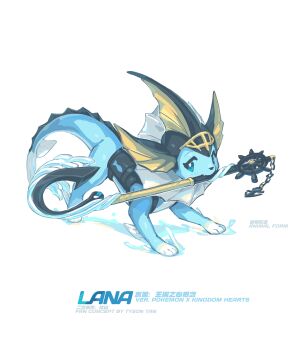 1girl 2023 absurdres all_fours animal backpack bag chinese_commentary commentary crossover english_commentary furry furry_female gen_1_pokemon highres keyblade kingdom_hearts krita_(medium) lana_(pokemon) looking_at_viewer multiple_crossover nintendo pokemon pokemon_sm raised_inner_eyebrows signature simple_background tyson_tan upturned_eyes vaporeon