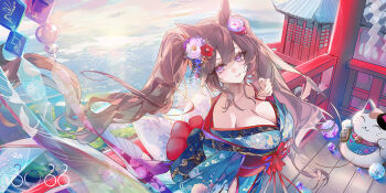 1girl animal_ears blue_kimono blue_sky breasts brown_hair check_copyright cleavage commentary_request copyright_request day double-parted_bangs hand_up horse_ears japanese_clothes kimono kinokohime large_breasts long_hair looking_at_viewer off_shoulder original parted_lips purple_eyes shide sky smile solo twintails wind