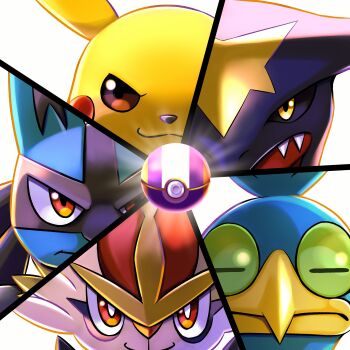 :3 absurdres bird brown_eyes cinderace closed_eyes closed_mouth commentary_request cramorant facing_viewer furry garchomp gen_1_pokemon gen_4_pokemon gen_8_pokemon highres looking_at_viewer lucario nintendo orange_eyes pikachu poke_ball pokemon pokemon_(creature) pokemon_focus pokemon_unite serious sharp_teeth smile split_screen teeth upper_teeth_only watagashikn yellow_eyes