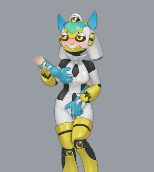 Rule 34 | 1boy, 1girl, black sclera, blush, closed mouth, colored sclera, crotch grab, feet out of frame, gloves, grabbing another's breast, groping, half-closed eyes, hand grab, joints, original, robot, robot girl, robot joints, solo focus, standing, thigh gap, third eye, tosx, twintails, yellow eyes