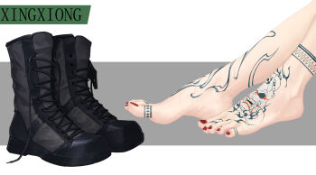 Rule 34 | 1girl, arm tattoo, barefoot, black footwear, boots, close-up, cross-laced footwear, feet, foot focus, grey background, highres, jewelry, lace-up boots, liang mu, nail polish, out of frame, red nails, shoes, solo, sweat, tattoo, toe ring, toenail polish, toenails, toes, two-tone background, unworn boots, unworn shoes, white background