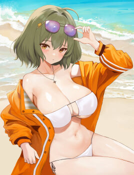 1girl adjusting_eyewear ahoge anis_(nikke) anis_(sparkling_summer)_(nikke) bare_shoulders beach bikini blush breasts brown_eyes brown_hair cleavage eyepatch_bikini eyewear_on_head goddess_of_victory:_nikke highres jacket jewelry large_breasts looking_at_viewer mikhdrag navel necklace ocean off-shoulder_jacket off_shoulder official_alternate_costume orange_jacket pink-tinted_eyewear sand short_hair side-tie_bikini_bottom solo string_bikini sunglasses swimsuit tinted_eyewear water white_bikini