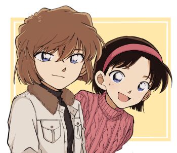 2girls :d aran_sweater black_hair black_shirt blue_eyes border brown_hair cable_knit closed_mouth crossed_bangs haibara_ai hairband jacket long_sleeves looking_at_viewer meitantei_conan multiple_girls nodoame_1 open_mouth outside_border pink_hairband pink_sweater shirt short_hair smile sweater upper_body white_border white_jacket yellow_background yoshida_ayumi