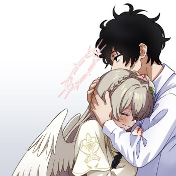 1boy 1girl black_hair blue_archive blush brown_hair capelet closed_mouth flower from_side gesupi_(provlemsolver57) hair_flower hair_ornament halo head_hug highres long_hair long_sleeves nagisa_(blue_archive) red_halo shirt tearing_up white_capelet white_flower white_shirt white_wings wings