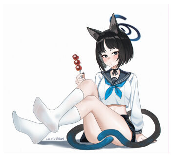1girl :t absurdres animal_ear_fluff animal_ears arm_at_side black_choker black_eyes black_hair black_nails black_ribbon black_sailor_collar black_skirt blue_archive blue_halo blue_neckerchief blush bob_cut bright_pupils cat_ears cat_girl cat_tail chinese_commentary choker closed_mouth commentary_request covering_crotch covering_privates crossed_legs dango eating feet food food_on_face full_body halo hand_up highres holding holding_food kikyou_(blue_archive) kneehighs knees_up legs looking_at_viewer midriff miniskirt multiple_tails nail_polish neck_ribbon neckerchief no_shoes panties pout ribbon ribbon-trimmed_skirt ribbon_trim sailor_collar school_uniform serafuku shangdi_de_fa_zhang shirt short_hair simple_background sitting skirt socks soles solo tail tail_censor thighs toes tsurime two_tails underwear v-shaped_eyebrows wagashi white_background white_panties white_pupils white_shirt white_socks