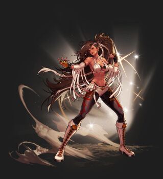 Rule 34 | 1girl, absurdres, big hair, braid, breasts, brown eyes, brown hair, cleavage, clenched hand, dungeon and fighter, female fighter (dungeon and fighter), female grappler (dungeon and fighter), fingerless gloves, gloves, greyscale, highleg, highleg panties, highres, long hair, medium breasts, midriff, mma gloves, monochrome, muscular, muscular female, navel, official art, open mouth, panties, parted lips, ponytail, smile, solo, underwear, upper body, very long hair