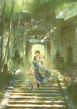 Rule 34 | 1girl, absurdres, architecture, arknights, artist name, bamboo, bamboo forest, black hair, chinese clothes, chinese commentary, closed mouth, commentary request, day, dragon girl, dragon horns, earrings, east asian architecture, eastern dragon horns, forest, full body, highres, holding, holding scroll, horns, infiroute, jewelry, jie (arknights), long sleeves, nature, outdoors, photo background, pointy ears, procreate (medium), scroll, shawl, short hair, smile, solo, stairs, standing, stone stairs, walking