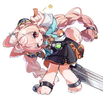 1girl animal_ear_fluff animal_ear_piercing animal_ears animal_feet anklet black_dress braid braided_twintails bright_pupils commentary_request dress full_body furry furry_female green_shirt hair_ornament highres holding holding_sword holding_weapon jewelry leaning_to_the_side long_hair looking_at_viewer mogu_kinoko one_eye_closed open_mouth pinafore_dress pink_fur pink_hair rabbit_ears rabbit_girl rabbit_tail red_eyes screw shirt short_eyebrows simple_background sleeveless sleeveless_dress solo sphere_hair_ornament star_(symbol) sword tail thick_eyebrows weapon white_background white_pupils zenless_zone_zero zhao_(zenless_zone_zero)