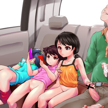 1boy 3girls age_difference ass bar_censor black_hair bored bottomless breasts brown_eyes brown_hair car car_interior casual_nudity cellphone censored cleft_of_venus clothes_pull emotionless_sex exhibitionism gekkou_(geccomajin) grabbing_another&#039;s_breast groping handjob has_bad_revision hetero holding holding_panties holding_underwear holding_unworn_clothes loli loli_harem motor_vehicle multiple_girls multitasking no_panties original panties penis phone pointless_censoring polka_dot polka_dot_panties public_indecency pussy short_hair shorts shorts_pull small_breasts tank_top underwear unworn_panties white_panties