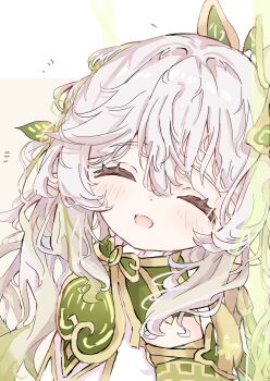 1girl detached_sleeves dress genshin_impact gradient_hair green_hair grey_hair hair_ornament highres leaf_hair_ornament long_hair multicolored_hair nahida_(genshin_impact) open_mouth pointy_ears simple_background smile solo wata_(watashi_j) white_background