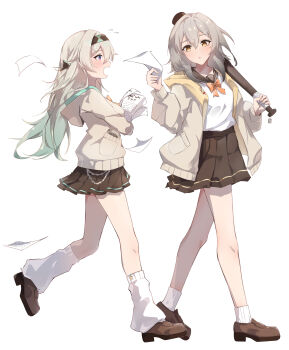 2girls :o absurdres alternate_costume aqua_hair bandana baseball_bat black_bandana blue_pupils blush breasts brown_cardigan brown_shoes brown_skirt cardigan commentary elphe english_commentary firefly_(honkai:_star_rail) full_body gradient_hair grey_hair hair_between_eyes hair_intakes hair_ornament hairclip highres holding holding_baseball_bat holding_paper_boat honkai:_star_rail honkai_(series) hood hooded_cardigan loafers long_hair long_sleeves looking_at_another loose_socks medium_breasts medium_hair miniskirt multicolored_eyes multicolored_hair multiple_girls neckerchief open_mouth orange_neckerchief paper paper_stack pleated_skirt purple_eyes school_uniform serafuku shirt shoes simple_background skirt socks star_(symbol) stelle_(honkai:_star_rail) trailblazer_(honkai:_star_rail) two-tone_eyes walking white_background white_shirt white_socks yellow_eyes