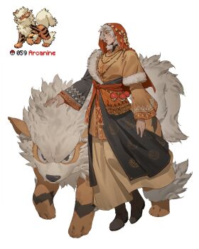 1girl absurdres arcanine brown_robe commentary creature_and_personification full_body gen_1_pokemon grey_hair highres layered_robe nintendo personification poke_ball pokemon pokemon_(creature) reference_inset robe simple_background standing umber veil white_background
