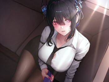 1girl absurdres arm_strap asymmetrical_horns black_hair black_horns black_necktie blue_hair blue_horns breasts brown_pantyhose button_gap clothes_grab collared_shirt couch hair_between_eyes highres hololive hololive_english horns large_breasts long_hair mole mole_under_eye multicolored_hair necktie necktie_grab neckwear_grab nerissa_ravencroft on_couch pantyhose parted_lips pov red_eyes shirt sitting soju_ice solo streaked_hair uneven_horns vinyl_record virtual_youtuber white_shirt