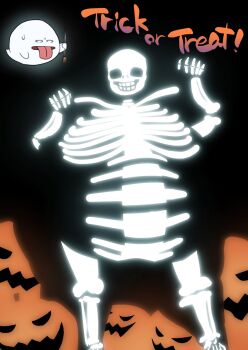! black_background commentary_request english_text feet_out_of_frame ghost glowing halloween highres jack-o&#039;-lantern kukeiha_(squarewave29) looking_at_viewer open_mouth original skeleton tongue tongue_out