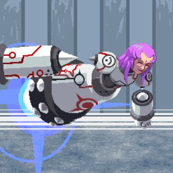 1boy capcom closed_eyes floating_limbs flying mechanical_arms mechabare mega_man_(series) mega_man_legends_(series) megaman_juno pixel_art purple_hair robot saturn_(artist) sprite sprite_art