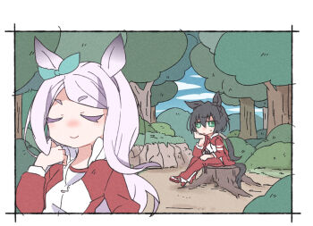 2girls animal_ears beer_hsk black_hair blue_sky bow braid chibi closed_mouth cloud commentary_request crown_braid day ear_ribbon green_eyes green_ribbon gym_shirt hair_between_eyes hand_up horse_ears horse_girl horse_tail jacket kin'iro_ryotei_(umamusume) long_hair long_sleeves low_ponytail mejiro_mcqueen_(umamusume) multiple_girls outdoors pants ponytail puffy_long_sleeves puffy_sleeves purple_hair red_jacket red_pants ribbon shirt shoes short_eyebrows sitting sky small_sweatdrop sweat swept_bangs tail thick_eyebrows track_jacket track_pants track_suit tree tree_stump umamusume very_long_hair white_shirt white_shoes