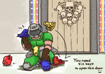 1boy :3 armor cacodemon card cat demon demon_horns doom_(series) doomguy door english_text helmet horns keycard kurashiki_nanka red_card skull sweatdrop yellow_card zzz