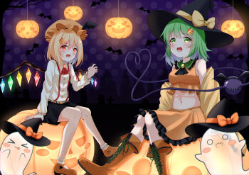 Rule 34 | > <, 2girls, :p, absurdres, alternate costume, ascot, bat (animal), black ascot, black hat, black skirt, blonde hair, blush, boots, bow, breasts, brooch, claw pose, collared shirt, commentary request, crystal, crystal wings, eyeball, fang, flandre scarlet, frilled shirt collar, frilled sleeves, frills, green hair, hair ornament, halloween, halloween costume, hat, hat bow, heart, heart of string, highres, hitodama, jack-o'-lantern, jack-o'-lantern hair ornament, jewelry, knee boots, komeiji koishi, looking at viewer, medium breasts, medium hair, midriff, mob cap, multicolored wings, multiple girls, navel, open mouth, orange bow, orange hat, orange shirt, orange skirt, orange thighhighs, red ascot, red eyes, rense 1010 (number nanashi), shirt, sitting, skin fang, skirt, small breasts, suspender skirt, suspenders, thighhighs, third eye, tongue, tongue out, touhou, white shirt, wings, witch hat, yellow bow
