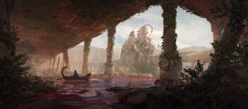 1girl absurdres blood boat cloud cloudy_sky commentary english_commentary extra_arms felixriano from_behind from_side highres landscape leaf mountainous_horizon original painterly pillar plant rock rowboat scenery shrine sky statue vines watercraft