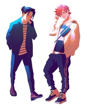 Rule 34 | 2boys, alternate costume, arm up, blue hair, blue jacket, blue pants, brown footwear, chuwenjie, collared jacket, commentary, cross-laced footwear, english commentary, fashion, felix hugo fraldarius, fire emblem, fire emblem: three houses, full body, hair bun, hand in pocket, highres, hood, hooded jacket, jacket, looking to the side, male focus, multiple boys, nintendo, pants, red hair, shirt, sideways glance, simple background, single hair bun, smile, striped clothes, striped pants, striped shirt, sylvain jose gautier, vertical-striped clothes, vertical-striped pants, white background, white jacket