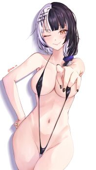 1girl absurdres alternate_costume artist_name bare_shoulders bikini black_bikini black_hair black_nails breasts commentary english_commentary hair_ornament hand_on_own_hip highleg highleg_bikini highres hololive hololive_english large_breasts light_blush long_hair looking_at_viewer multicolored_hair multicolored_nails nail_polish navel one_eye_closed pointing pointing_at_viewer shiori_novella simple_background slingshot_swimsuit smile swimsuit takoroki two-tone_hair two-tone_nails virtual_youtuber white_hair white_nails wide_hips yellow_eyes