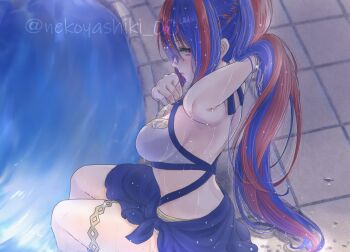 1girl bikini blue_eyes blue_hair blue_sarong blush braid breasts crossed_bangs female_alear_(fire_emblem) fire_emblem fire_emblem_engage gold_thighlet heterochromia highres long_hair looking_at_viewer medium_breasts multicolored_bikini multicolored_hair nekoyashiki_08 nintendo official_alternate_costume official_alternate_hairstyle ponytail pool poolside red_eyes red_hair sarong sitting soaking_feet solo split-color_hair swimsuit thighlet tile_floor tiles two-tone_hair very_long_hair water white_bikini