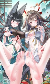 Rule 34 | 2girls, absurdres, adapted costume, animal ear fluff, animal ears, barefoot, bird, black hair, branch, breasts, brown hair, chinese clothes, clothing cutout, clover hair ornament, commentary request, droopy ears, feet, flower, foot focus, fox ears, fox girl, hair ornament, half-closed eyes, hand on own chest, highres, hoshimi miyabi, jndfh, leg up, long hair, looking at viewer, medium breasts, multicolored hair, multiple girls, navel, open mouth, petals, pixiv username, presenting foot, red eyes, soles, standing, standing on one leg, streaked hair, symmetrical foot pose, symmetrical pose, tassel, toes, very long hair, ye shunguang, zenless zone zero