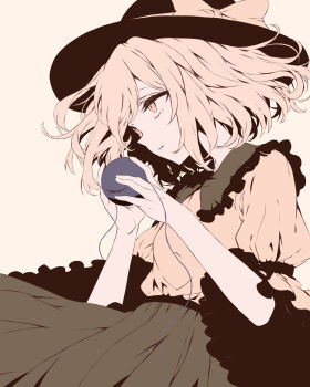 1girl absurdres alternate_eye_color alternate_hair_color black_hat blonde_hair bow commentary_request cowboy_shot eyeball floating_hair frilled_shirt_collar frilled_sleeves frills from_side green_skirt hair_between_eyes hands_up hat hat_bow highres holding holding_eyeball iris-san komeiji_koishi long_sleeves looking_ahead medium_hair nose parted_lips shirt simple_background skirt solo sun_hat third_eye touhou tsurime upturned_eyes white_background wide_sleeves yellow_bow yellow_eyes yellow_shirt