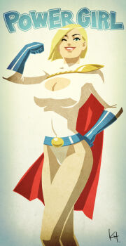 1girl alien blonde_hair cape character_name cleavage_cutout clenched_hand clothing_cutout dc_comics female_focus flexing gloves kit kryptonian leotard one_eye_closed power_girl red_cape short_hair smile solo wink