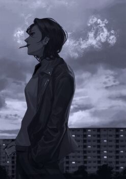 1girl apartment arms_at_sides belt belt_collar blurry blurry_background breasts building cloud cloudy_sky collar commentary cowboy_shot depth_of_field doloyume earrings english_commentary from_side greyscale hand_in_pocket highres holding holding_lighter jacket jewelry leather leather_jacket lighter long_sleeves medium_breasts monochrome mouth_hold original outdoors pants parted_lips profile shirt short_hair sky smoke smoke_trail smoking solo spot_color standing