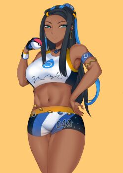abs aqua_eyes armpits bikini black_hair breasts dark-skinned_female dark_skin earrings erimiko hand_on_own_hip highres jewelry long_hair medium_breasts midriff navel nessa_(pokemon) nintendo poke_ball pokemon pokemon_swsh simple_background skin_tight smile solo swimsuit thick_thighs thighs