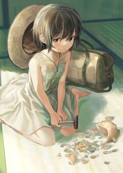 1girl bag barefoot black_hair broken coin dress hair_ornament hammer hat hat_on_back holding holding_hammer indoors light_blush money naname_(danbooru_maker) on_floor original piggy_bank sitting sleeveless sleeveless_dress solo tatami wariza white_dress x_hair_ornament