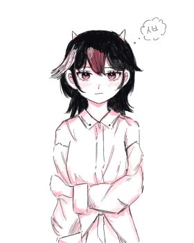 Rule 34 | 1girl, black hair, blush, collared shirt, commentary request, cone horns, cowboy shot, expressionless, hand on own arm, highres, horns, kijin seija, long sleeves, looking at viewer, medium hair, multicolored hair, red eyes, red hair, shirt, simple background, skirt, solo, speech bubble, straight-on, streaked hair, thought bubble, touhou, white background, white hair, white shirt, white skirt, wrell