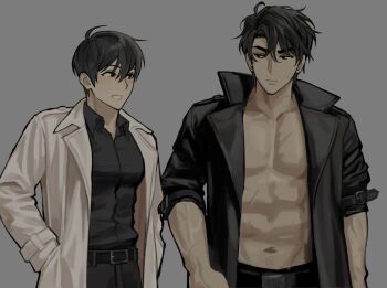 Rule 34 | 2boys, abs, black coat, black eyes, black hair, coat, commentary, cowboy shot, english commentary, grin, hand in pocket, keomikan, kim dokja, looking at another, male focus, multiple boys, multiple scars, muscular, muscular male, omniscient reader's viewpoint, open clothes, open coat, pectoral cleavage, pectorals, popped collar, scar, scar on arm, scar on chest, short hair, sleeves rolled up, smile, topless male, white coat, yoo joonghyuk