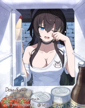 1girl black_choker blue_eyes bottle breasts brown_hair can choker cleavage commission drink_can hand_up highres indie_virtual_youtuber large_breasts long_hair no_bra one_eye_closed open_mouth ponytail refrigerator sam_(vtuber) second-party_source seiji_(artman) shirt short_sleeves single_bare_shoulder single_off_shoulder skeb_commission solo tomato virtual_youtuber white_shirt yawning