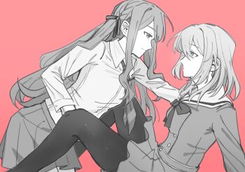 2girls bang_dream! bang_dream!_it's_mygo!!!!! blush chiori000 closed_mouth commentary diagonal-striped_clothes diagonal-striped_necktie dress eye_contact greyscale_with_colored_background hanasakigawa_school_uniform haneoka_school_uniform highres long_hair long_sleeves looking_at_another misumi_uika multiple_girls necktie pantyhose pink_background pleated_skirt sailor_dress school_uniform shirt sidelocks simple_background skirt striped_clothes togawa_sakiko yuri